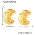 Ribbed Stripe C-Shape Hoop Earrings Gold Steel Pair view 6