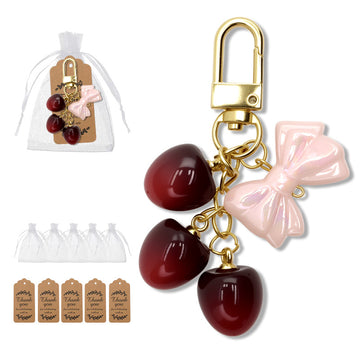 Three Cherry Pink Bow Gold Lobster Clasp Bag Charm Keychain