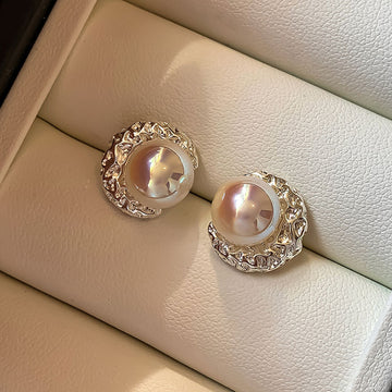 Silver Tone Iridescent Pearl Crescent Stud Earrings