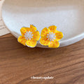 Yellow Enamel-Look Flower Stud Earrings with Crystal Centers view 4