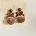 Bow and Faux Fur Pom Pom Stud Earrings in Dusty Brown and Red view 4