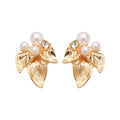 Gold Tone Leaf Stud Earrings with Pearl Accents Jewelry Design view 5