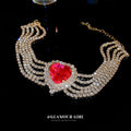 Gold Five Row Rhinestone Choker Magenta Heart Center view 4