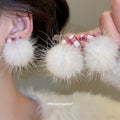 Red Fabric Stud Earrings With White Pom Pom Drops For Distinctive Statement Styling view 2