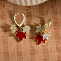 Red Maple Leaf Crystal Look Gold Tone Huggie Earrings view 2