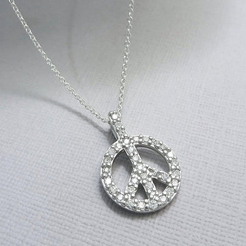 Silver Tone Pave Clear Stone Peace Sign Pendant Necklace