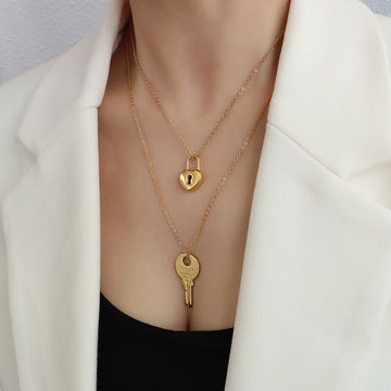 Heart Padlock Key Pendant Necklace Set Fine Cable Chain