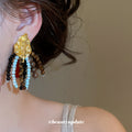 Gold Leaf Multicolor Beaded Tassel Stud Earrings Statement Jewelry view 3