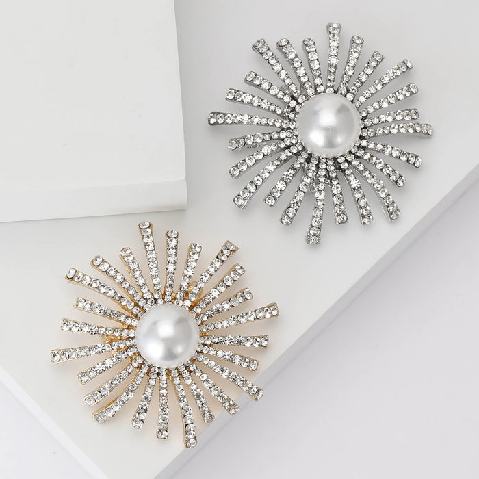 Pearl Sunburst Flower Brooch With Faceted Crystals And Polished Metal Details