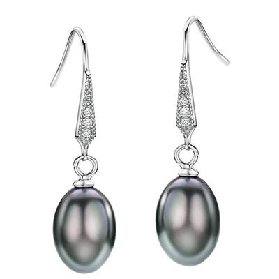 Gray faux pearl drop earrings in front product view