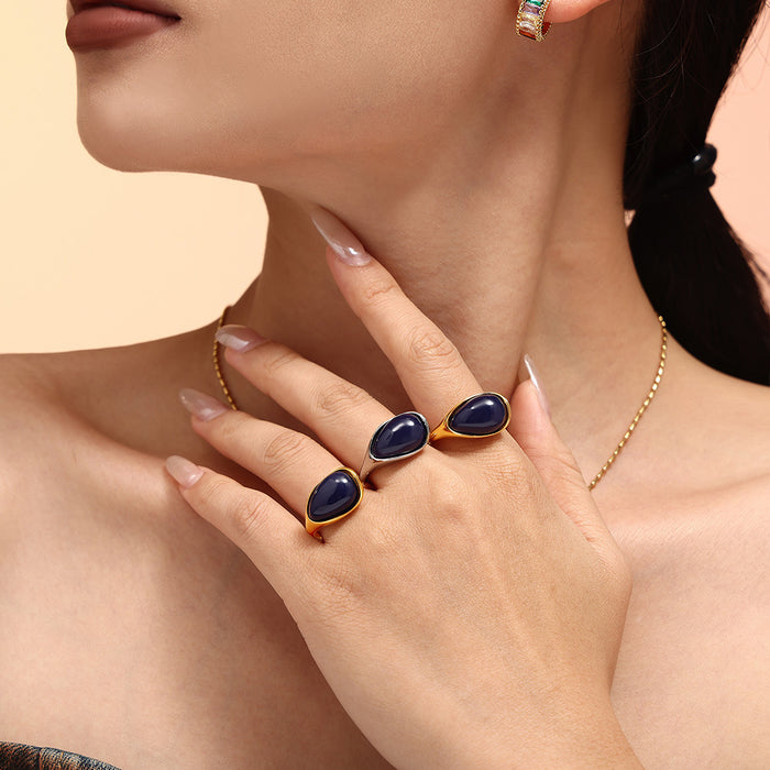 Open Band Teardrop Dark Blue Resin Ring Gold Steel