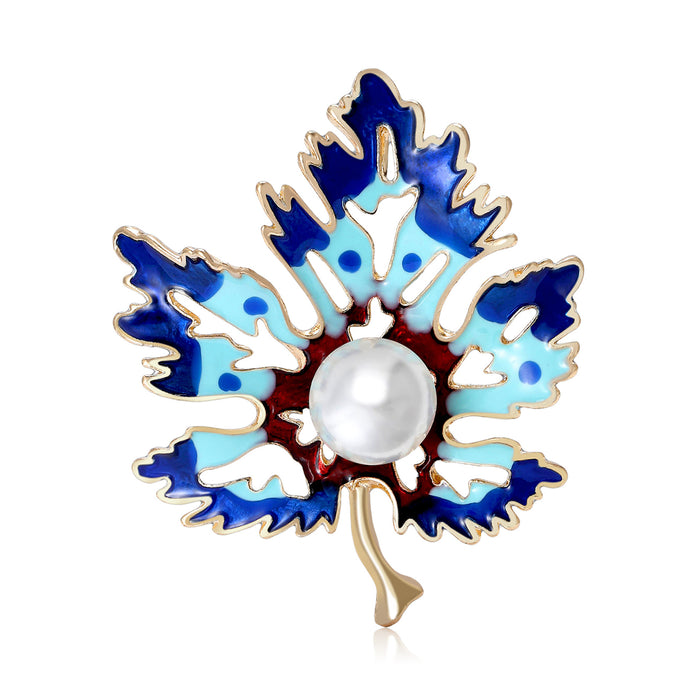 Pearl Center Maple Leaf Enamel Brooch in Blue or Orange
