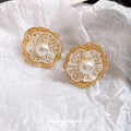 Layered Gold Tone Flower Stud Earrings with Pearl Centers view 2