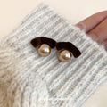 Velvet Bow and Pearl Stud Earrings in Four Colors With Polished Metal Details view 4