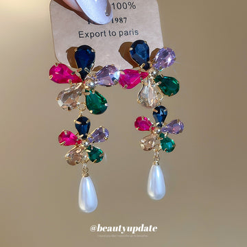 Multicolor Crystal Floral Drop Earrings with Pearl Teardrops