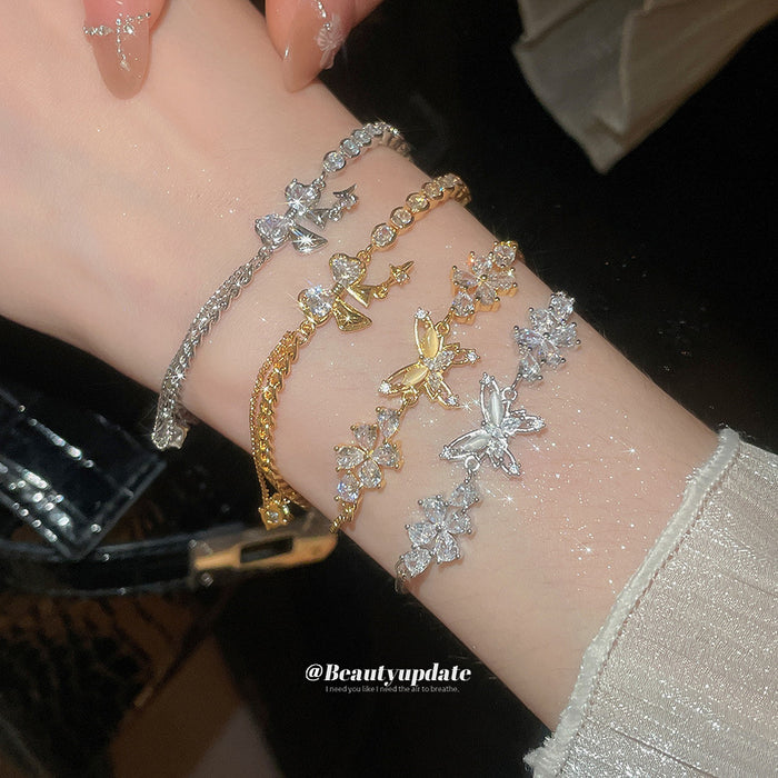Butterfly Flower Cubic Zirconia Slider Bracelets Gold Silver