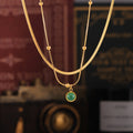 Gold Herringbone Chain And Green Glass Stone Pendant Necklaces view 4