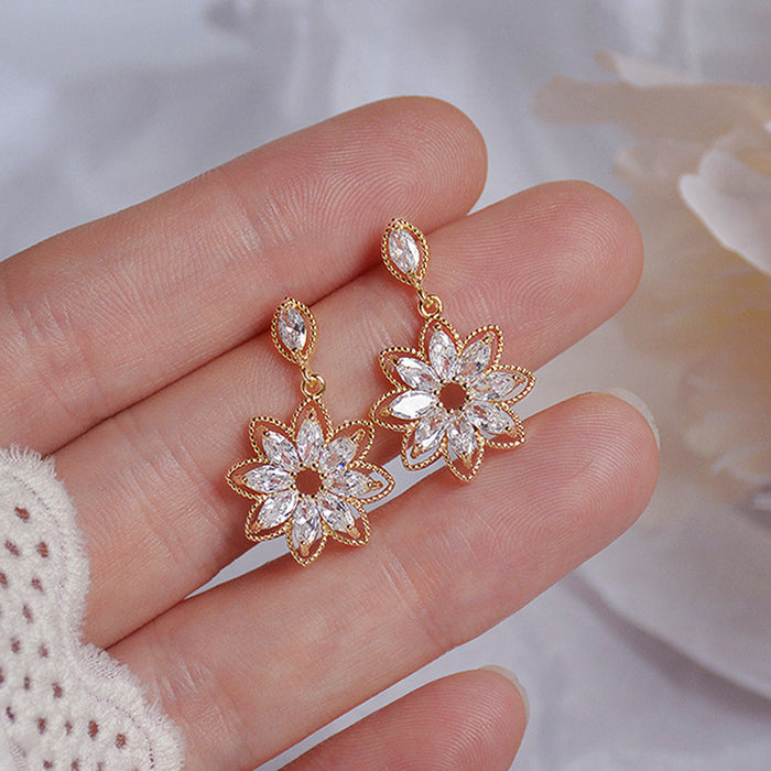 Gold Flower Cubic Zirconia Drop Earrings Marquise Petals