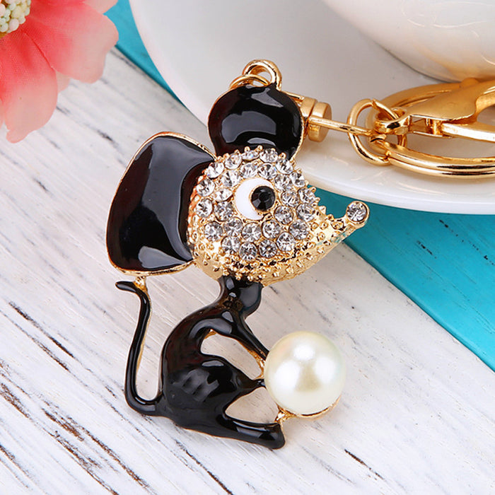 Black Pearl Accent Mouse Keychain with Jeweled Ears and Tail