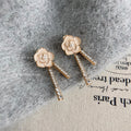 Cream Camellia Enamel Pearl Stud Dual Crystal Tassel Earrings view 3