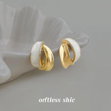 Gold Tone White Double Layer Curved Chunky Stud Earrings