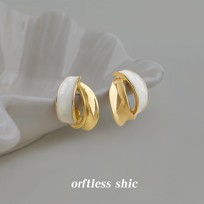 Gold Tone White Double Layer Curved Chunky Stud Earrings