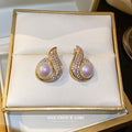 Gold Iridescent Pearl Crystal Teardrop Stud Earrings view 2