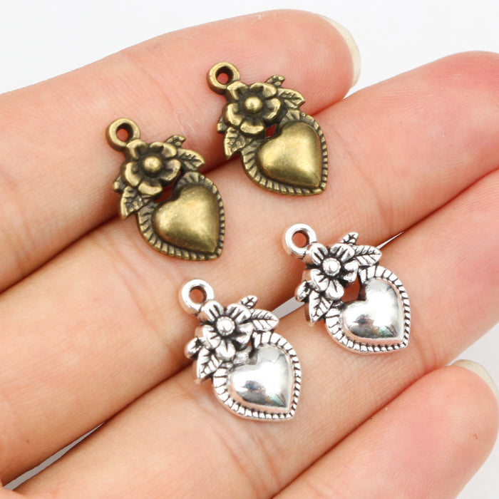 Floral Heart Charms in Antique Bronze and Silver Tones