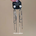 Pearl Stud Earrings With Long Silver Crystal Chain Fringe view 2