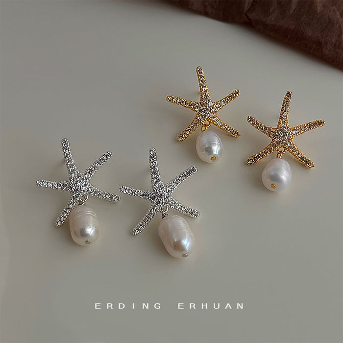 Gold And Silver Tone Starfish Irregular Pearl Drop Earrings