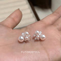 Silver Tone Rose White Pearl And Clear Stone Cluster Stud Earrings view 3