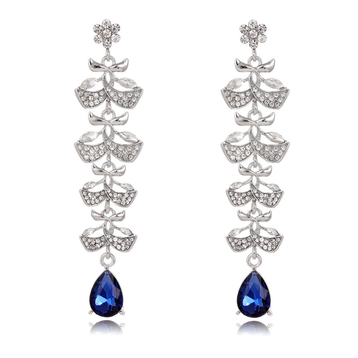 Blue Silver Tone Leaf Tassel Crystal Two Designs Metal Dangle Earrings
