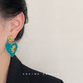 Teal Heart Dried Flower Drop Earrings Gold Hammered Studs view 4