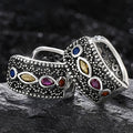 Oxidized Silver Multicolor Stone Textured Huggie Hoop Earrings view 3