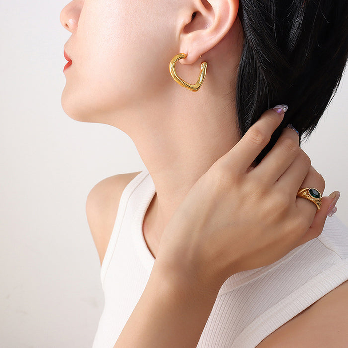 Irregular Geometric Twisted C-Hoop Stud Earrings Gold Steel