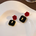 Red Velvet Rose Black Square Drop Earrings Gold Rose Charm view 3