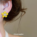 Yellow Round Bead Flower And Crystal Center Stud Earrings view 4