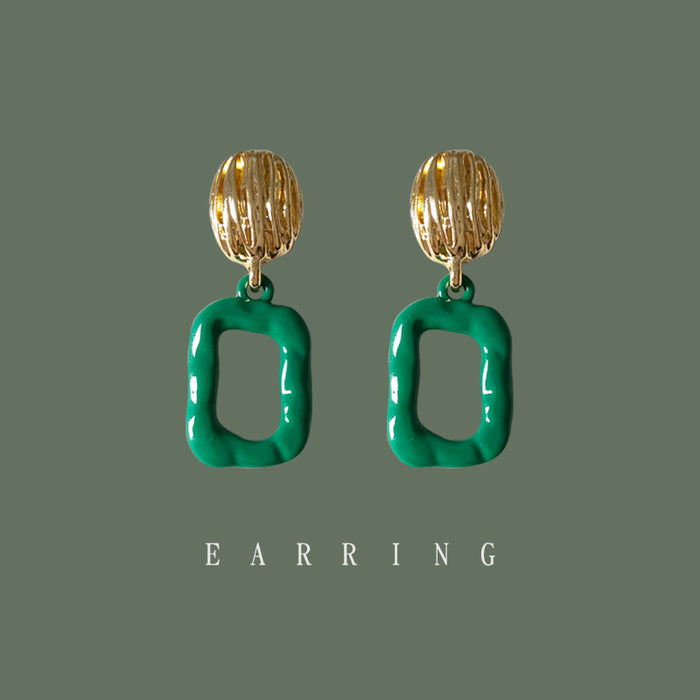Green Enamel Hollow Square Drop Earrings Gold Textured Stud