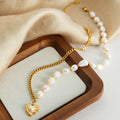 Asymmetric Pearl Gold Curb Chain Heart Pendant Necklace view 3
