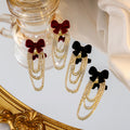 Black Velvet Bow Rhinestone Multi Loop Drop Earrings Gold view 1