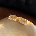 Gold Textured Rectangle Stud Earrings Four Pearl Row view 3