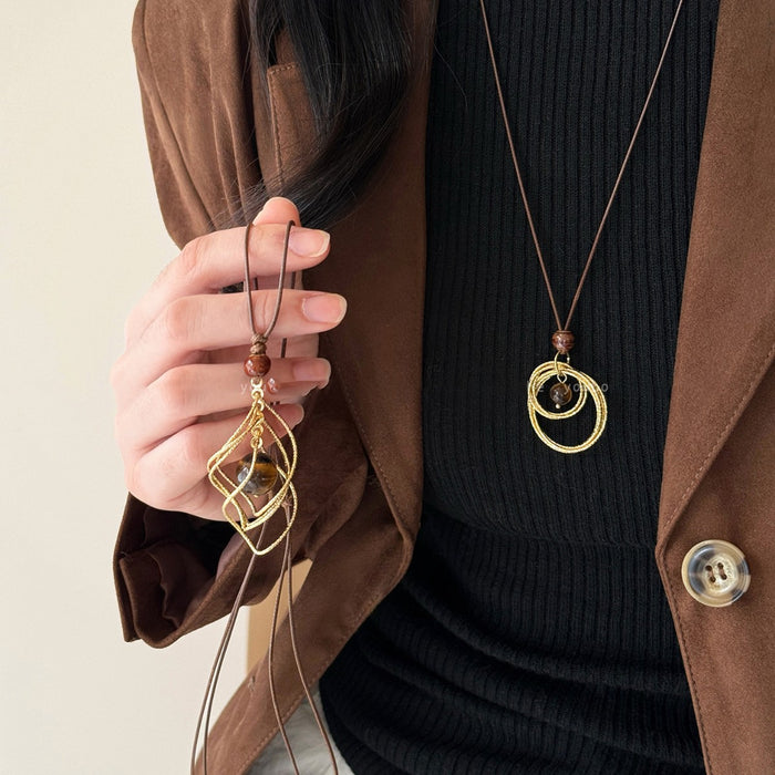 Brown Cabochon Geometric Long Pendant Necklace Statement Fashion Jewelry