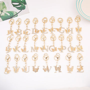 Rhinestone Butterfly Letter Keychain Gold Tone A to Z