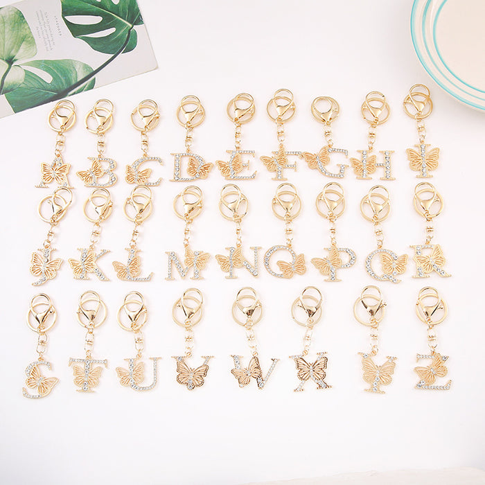 Rhinestone Butterfly Letter Keychain Gold Tone A to Z