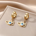 Gold Tone Hamsa Star and Lash Evil Eye Huggie Drop Earrings view 10