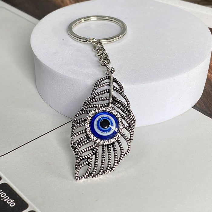 Silver Openwork Feather Evil Eye Keychain Rhinestone Eye