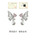 Silver Tone Liquid Butterfly Pearl Drop Earrings Pink Flower view 4