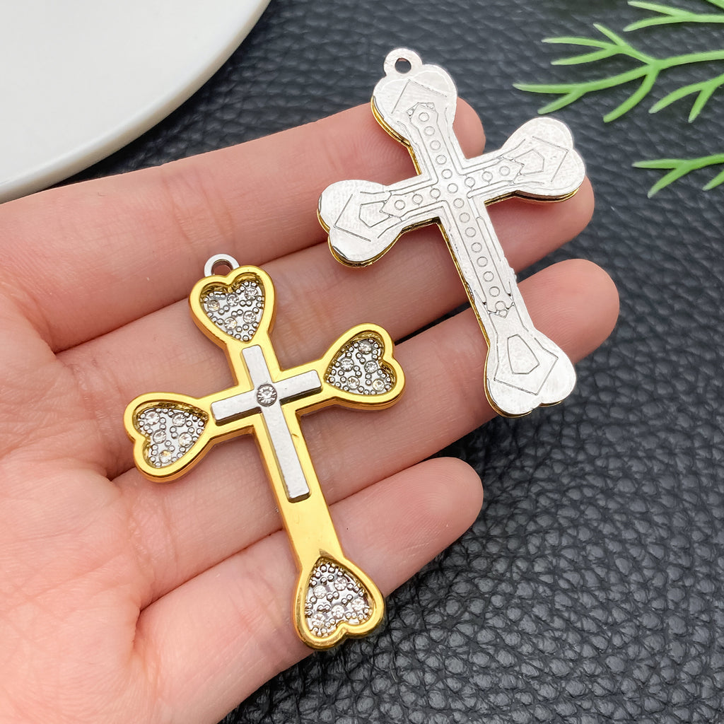 Gold Tone Zinc Alloy Cross Charm Pendant with Rhinestone Detail for DIY Necklace Jewelry