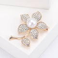 Pearl and Crystal Five Petal Flower Brooch in Two Metal Tones view 3