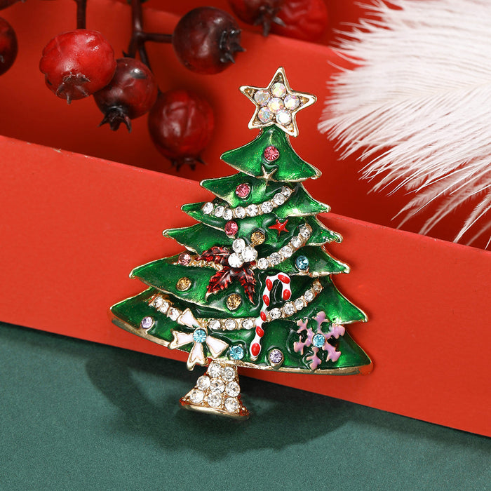 Enamel Christmas Tree Brooch With Rhinestones Star Candy Cane